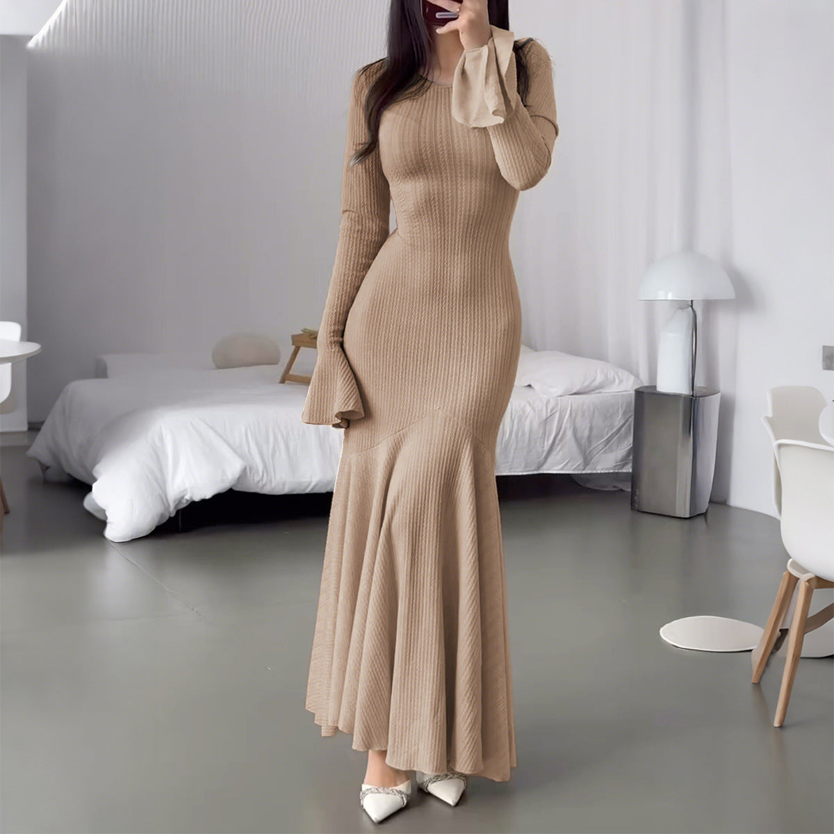 Exquisite Khaki Knitted Long Dress for the Elegant Woman | ULZZANG BELLA