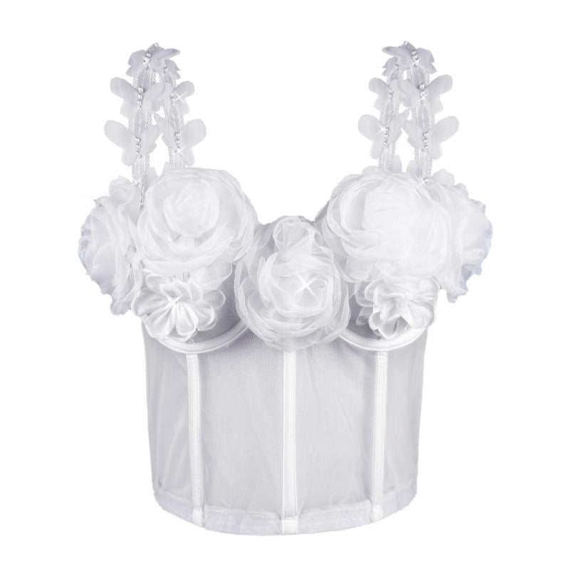 Vintage 3D Pearl Flower Strapless Bustier Blouse | ULZZANG BELLA