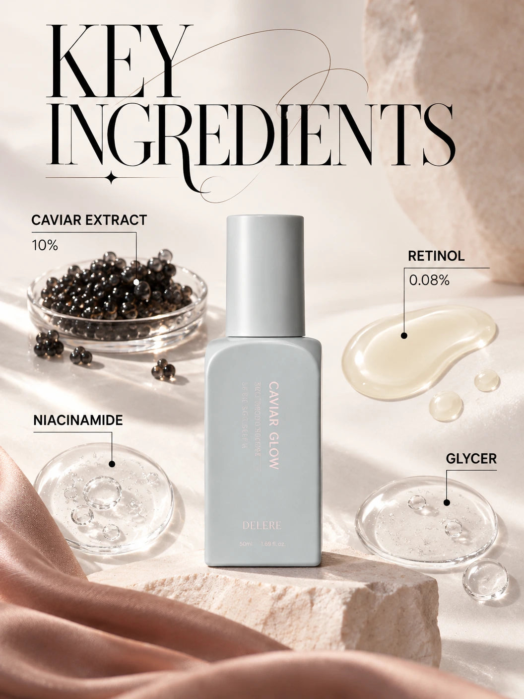 Caviar Glow Skin Smoothing Serum 50ml | DELERE | DELERE Caviar Glow Serum – Retinol Firming Skincare