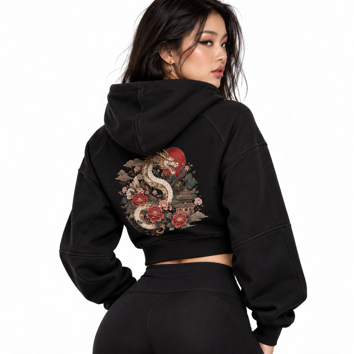 ULZZANG BELLA Korean Dragon Cropped Half-Zip Hoodie - Bold Streetwear