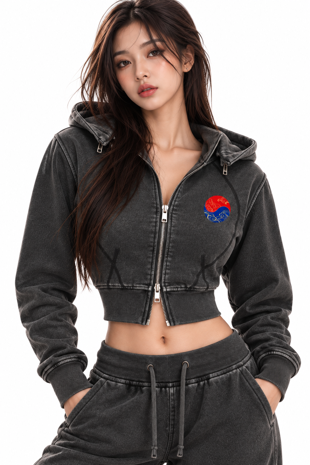 ULZZANG BELLA Vintage Wash Cropped Fitness Hoodie for Warmth