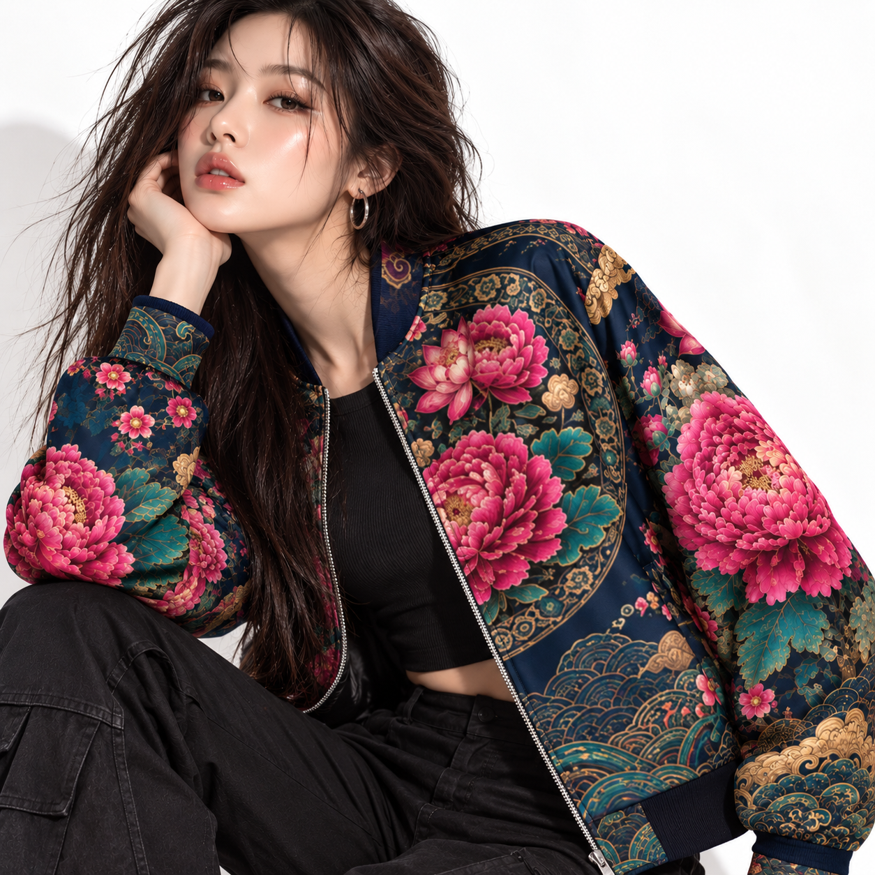 ULZZANG BELLA Midnight Peony Bomber Jacket - Embrace Korean Elegance