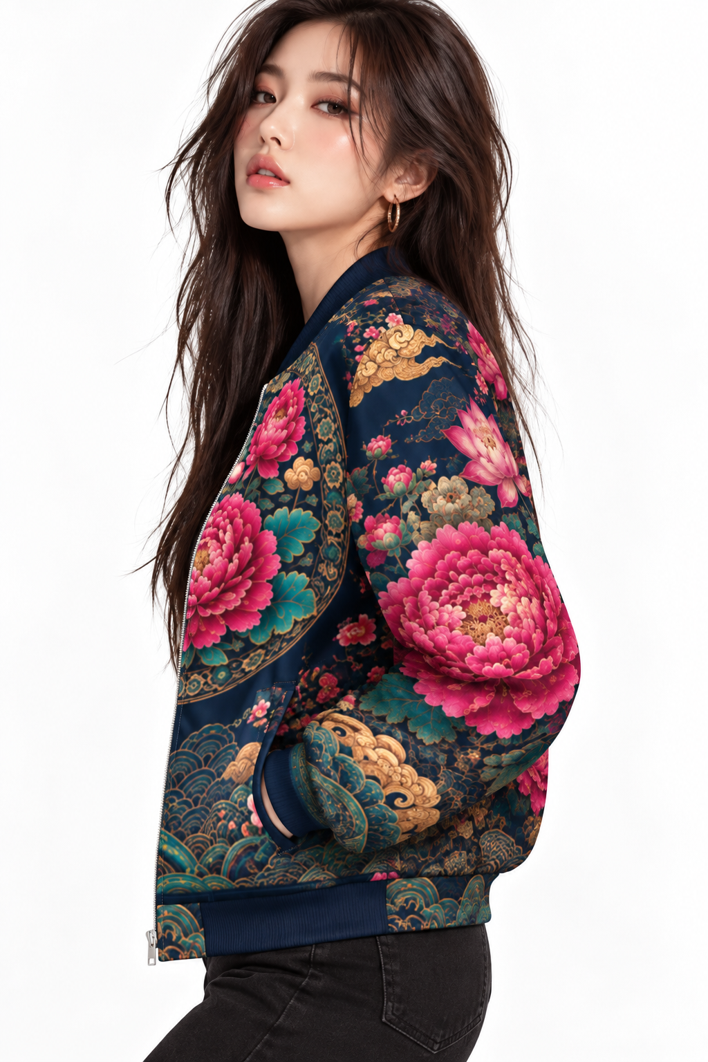 ULZZANG BELLA Midnight Peony Bomber Jacket - Elegant Korean Heritage Design