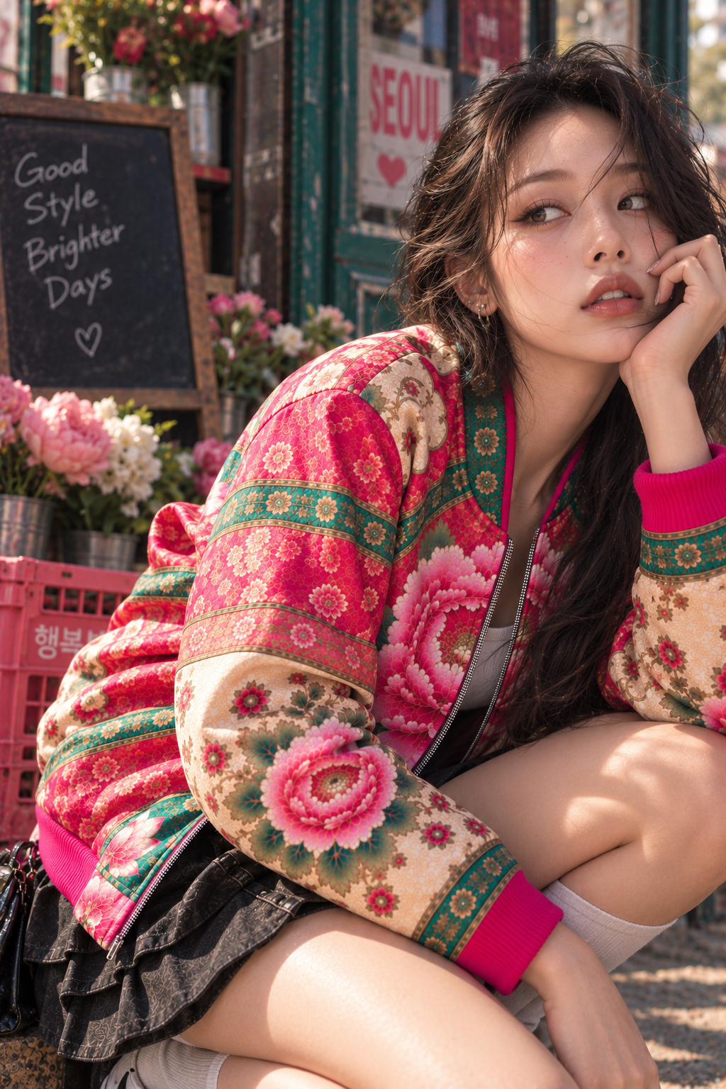 ULZZANG BELLA Imperial Peony Bomber Jacket - Regal Elegance