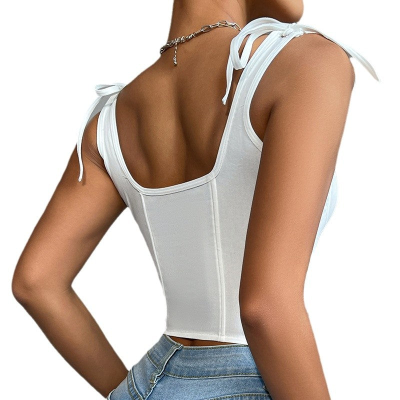 Elegant White Fishbone Bow Tie Tank Top | ULZZANG BELLA
