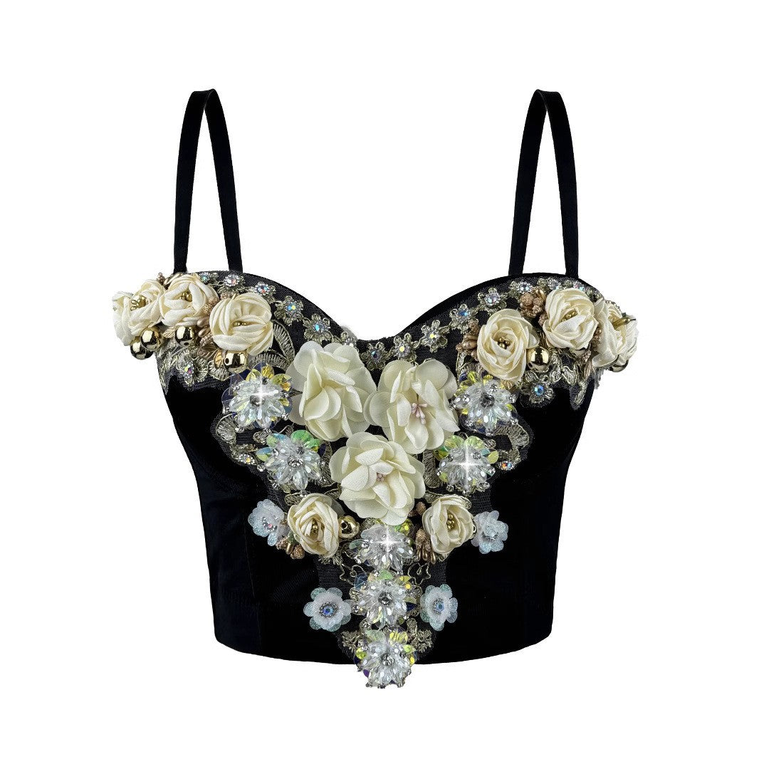 Chic Rhinestone Floral Corset Top with Detachable Straps | ULZZANG BELLA