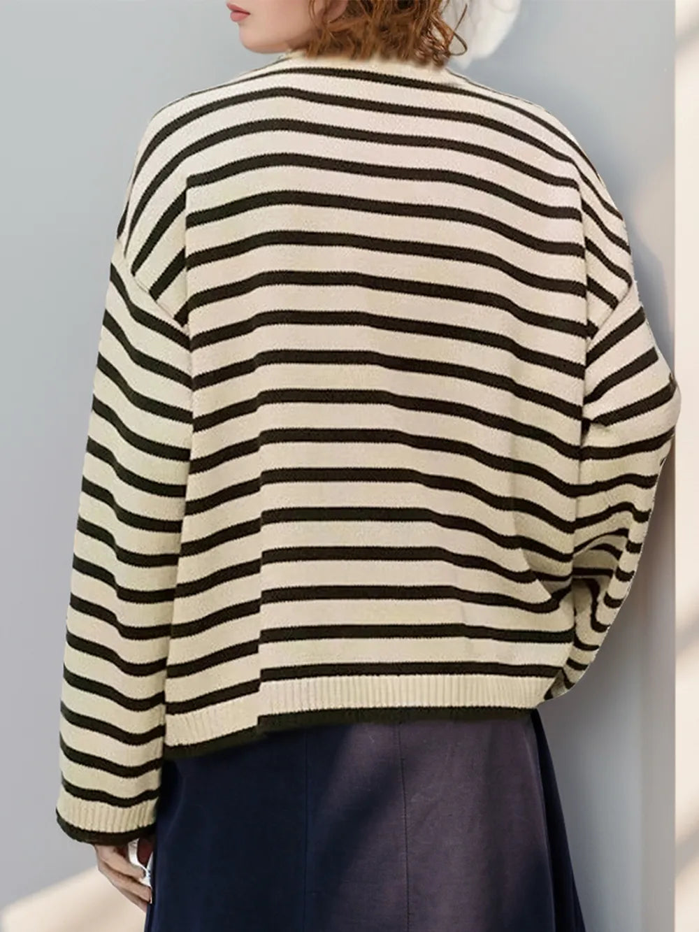 Chic Striped Knit Top with Elegant Button Detail | ULZZANG BELLA