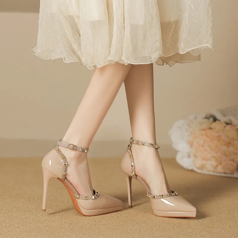 Exquisite Patent Leather Rivet Ankle Strap Stiletto Pumps | ULZZANG BELLA
