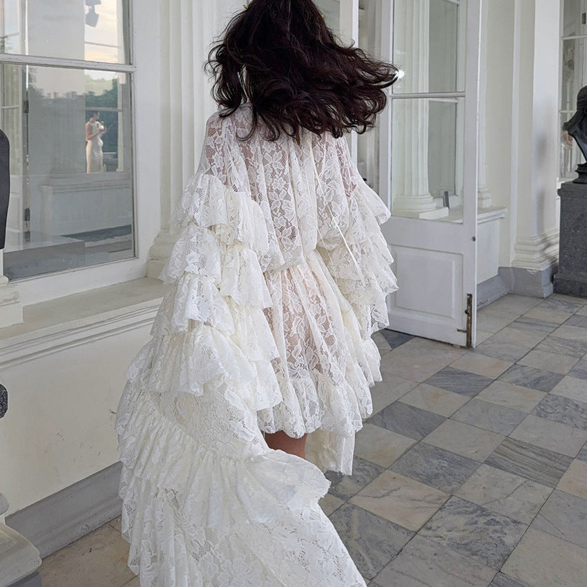 Lace Sheer Ruffle Long Sleeve Dress in Apricot | ULZZANG BELLA