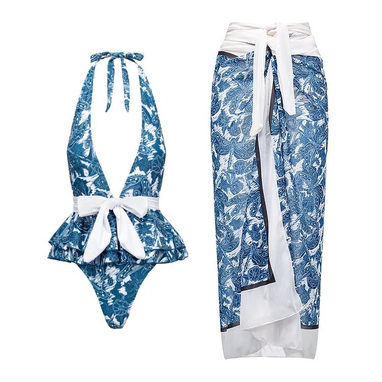 Luxury Backless Deep V One-Piece Swimsuit with Skirt Cover-Up | ULZZANG BELLA