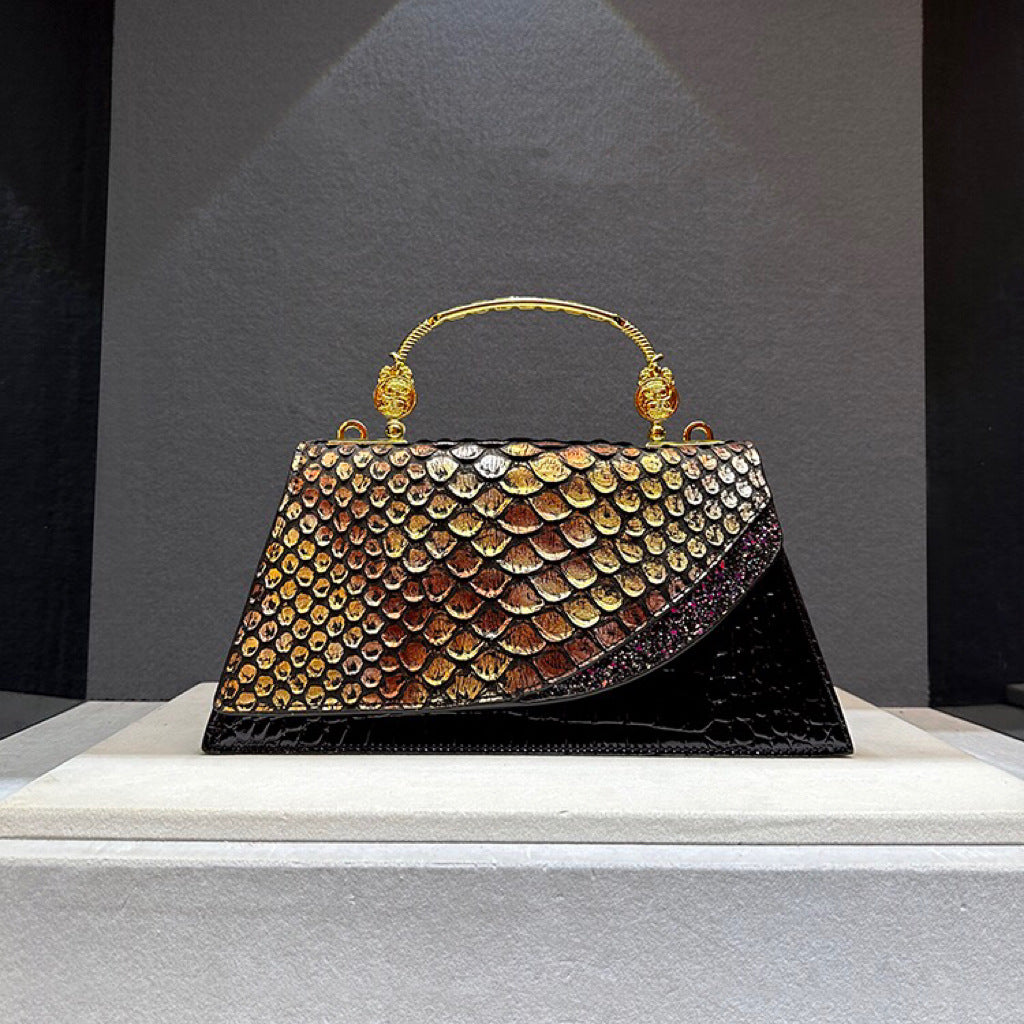 Elegante borsa a tracolla trapezoidale in pelle di serpente nera | ULZZANG BELLA