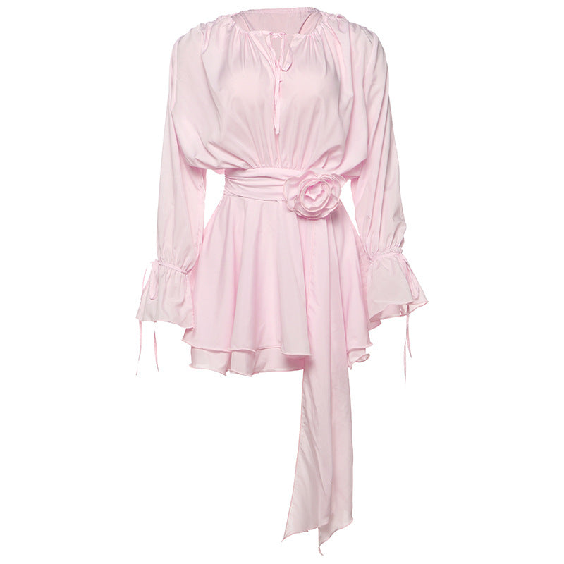 Elegant Floral Tie-Strap Fitted Dress with Flare Sleeves | ULZZANG BELLA