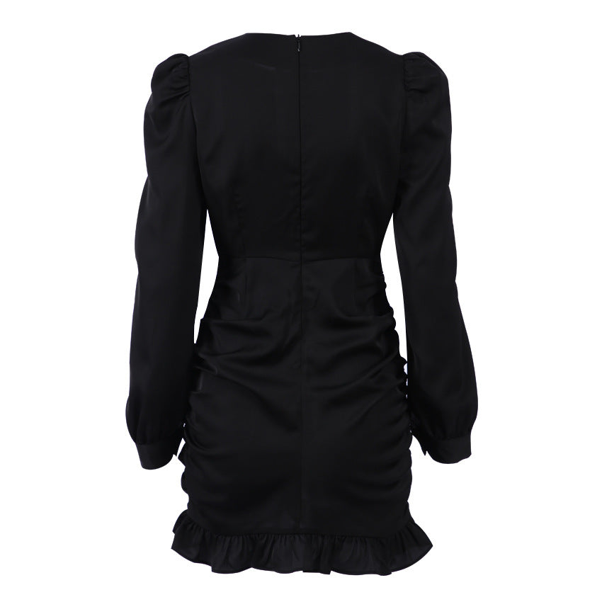 Elegante abito nero plissettato con scollo a V e maniche lunghe | ULZZANG BELLA