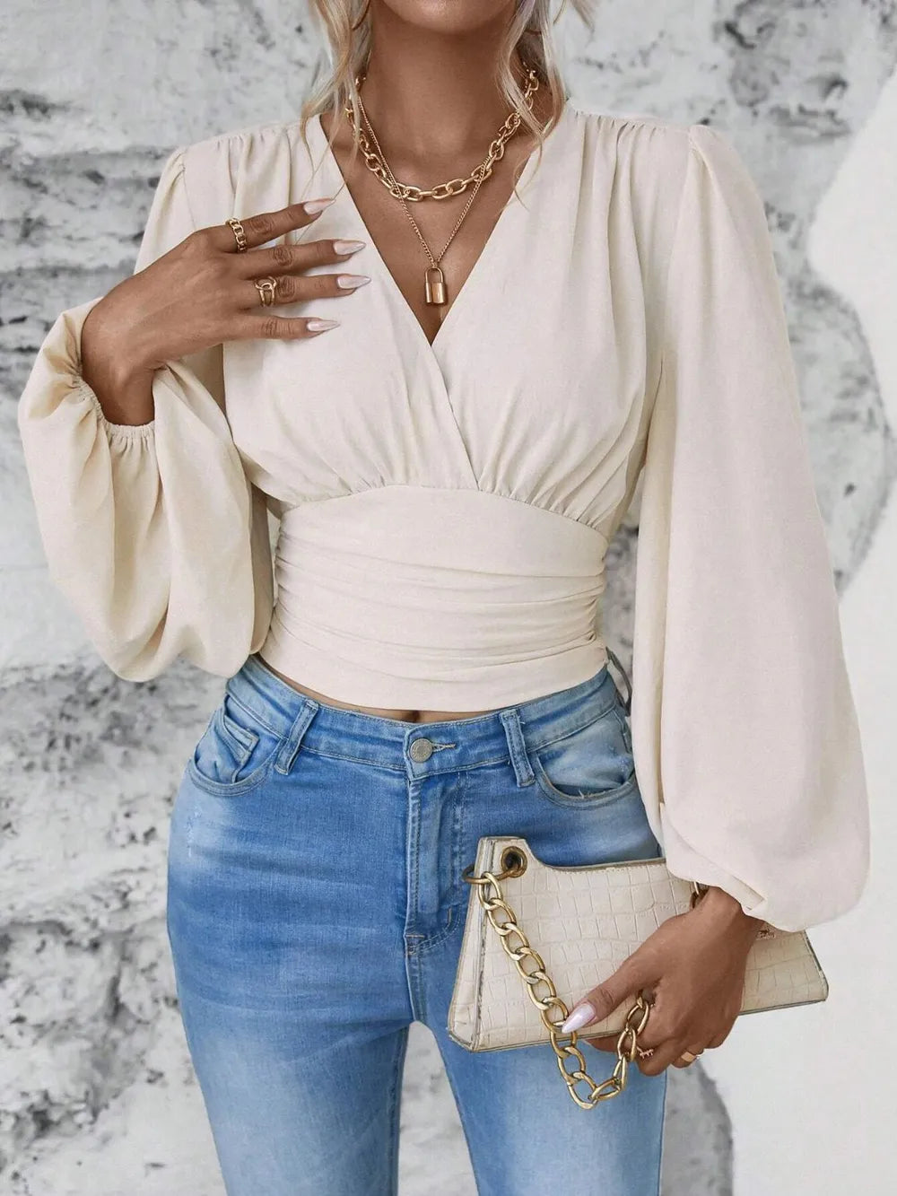 Elegantly Ruched Sheer Smocked Surplice Top with Balloon Sleeves | ULZZANG BELLA