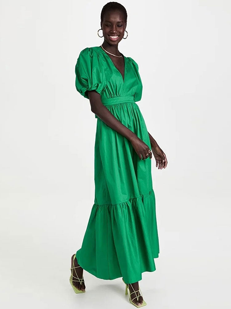 Elegant Deep V Puff Sleeve Midi A-Line Dress | ULZZANG BELLA