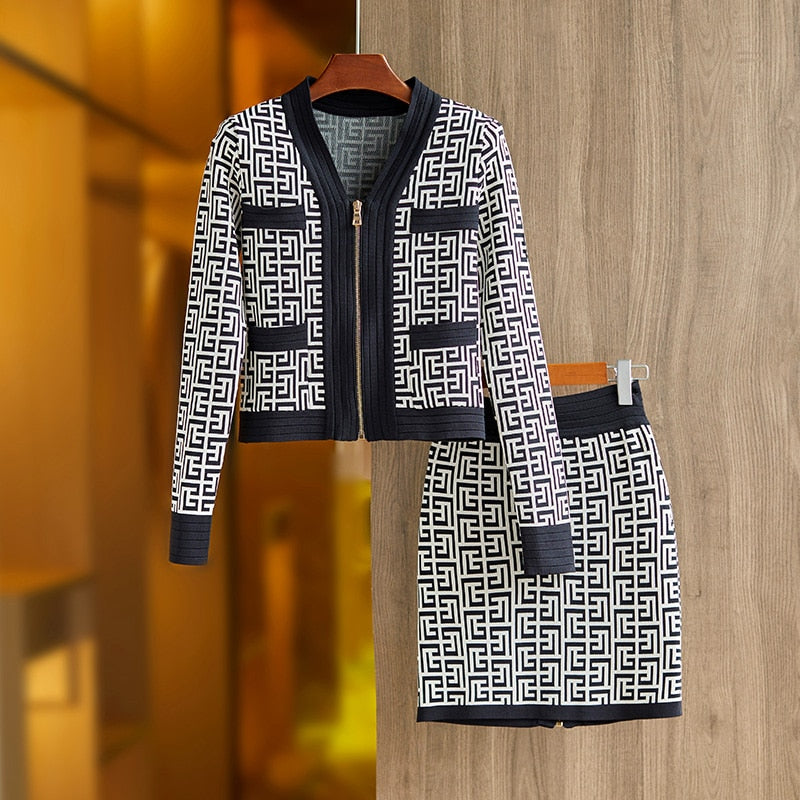 Elegant Knitted 2-Piece Skirt Set with Sweater Jacket | ULZZANG BELLA