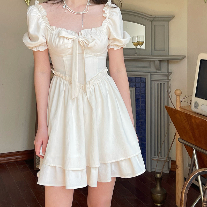 Abito estivo retrò francese con fiocco in pizzo color albicocca e maniche a sbuffo | ULZZANG BELLA