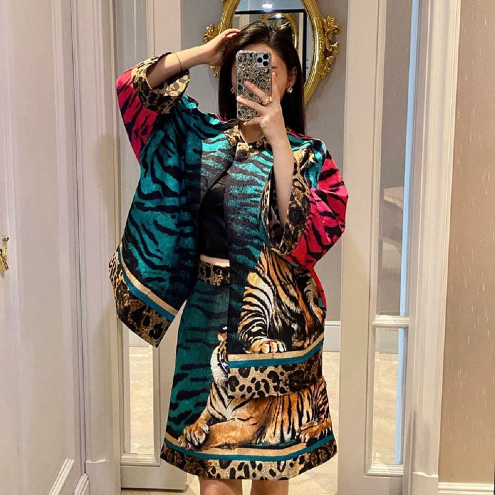 Leopard Jacquard Luxe Suit Jacket & High Waist A-Line Skirt Set | ULZZANG BELLA