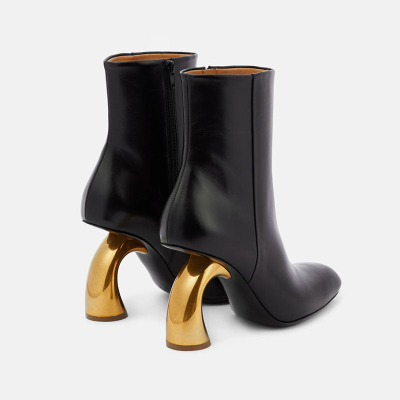 Elegant Square Head High Heel Side-Zipper Boots with Unique Metal Detail | ULZZANG BELLA