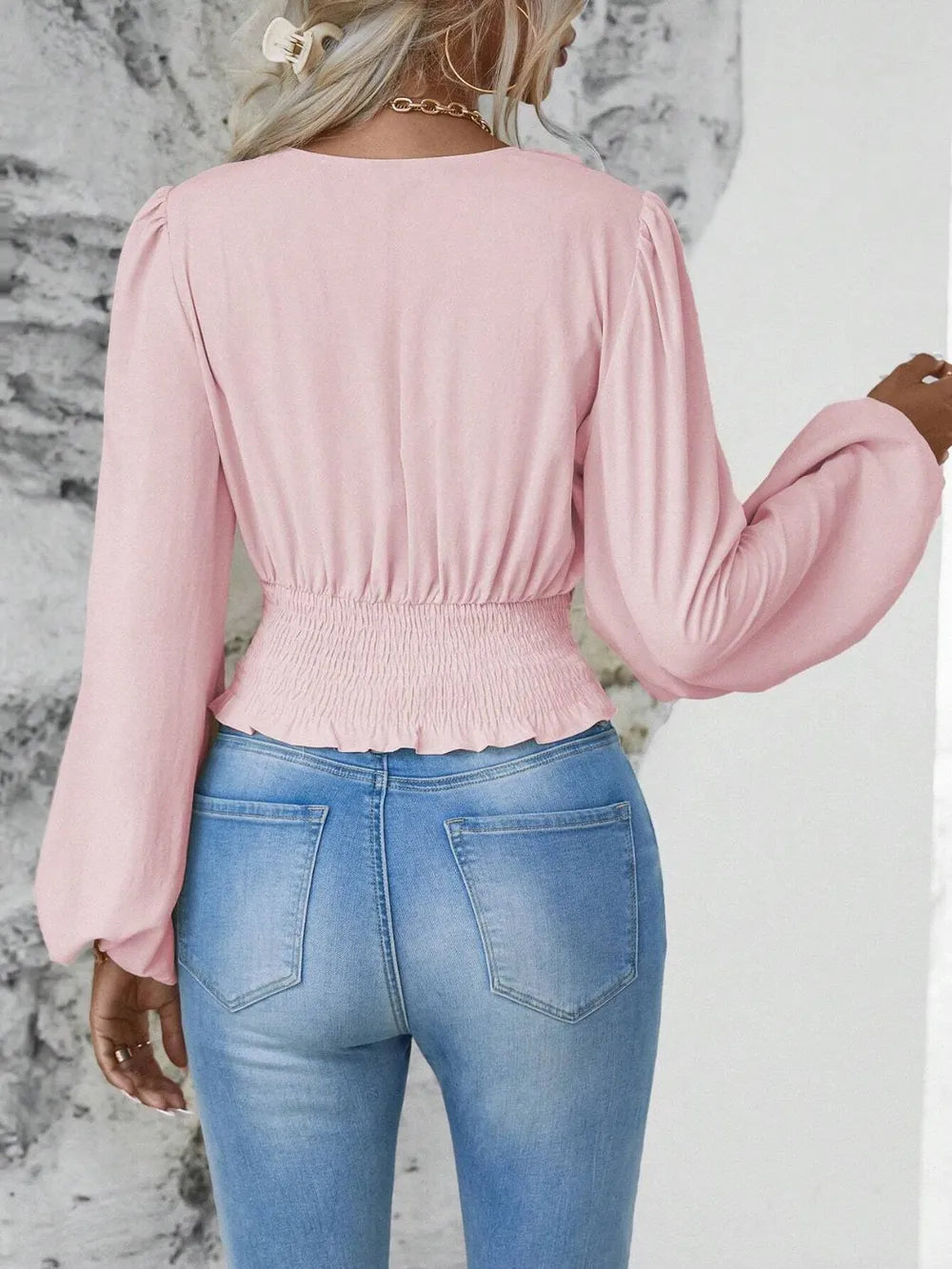 Elegantly Ruched Sheer Smocked Surplice Top with Balloon Sleeves | ULZZANG BELLA