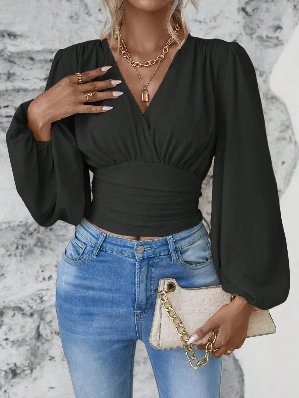 Elegantly Ruched Sheer Smocked Surplice Top with Balloon Sleeves | ULZZANG BELLA