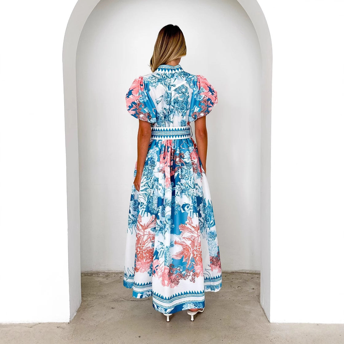 Abito lungo stampato con lacci blu cielo | ULZZANG BELLA