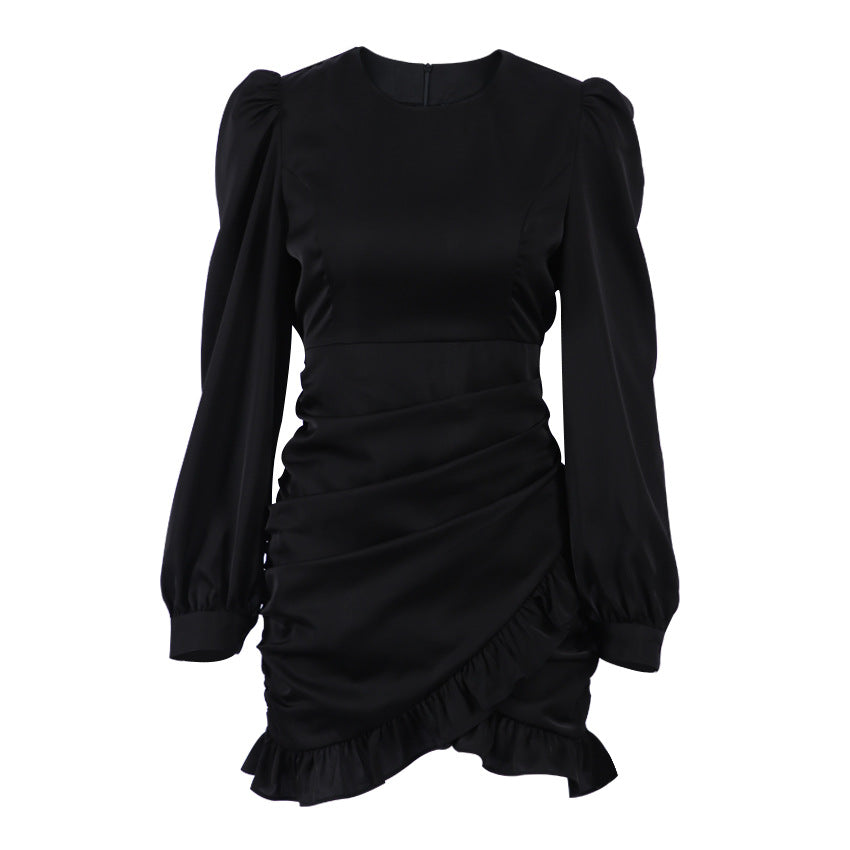 Elegante abito nero plissettato con scollo a V e maniche lunghe | ULZZANG BELLA