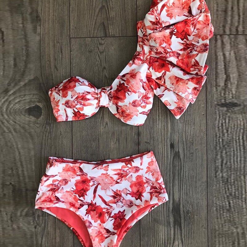Bikini a vita alta con volant e monospalla, stampa rossa | ULZZANG BELLA