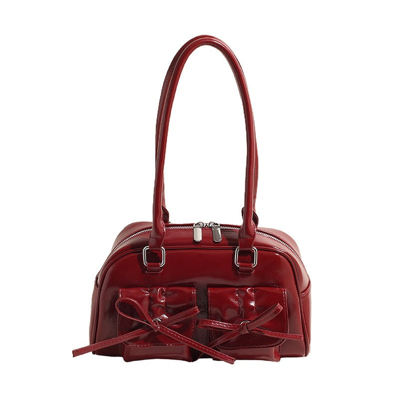 Elegant Baguette Shoulder Bag with Bow Accent | ULZZANG BELLA