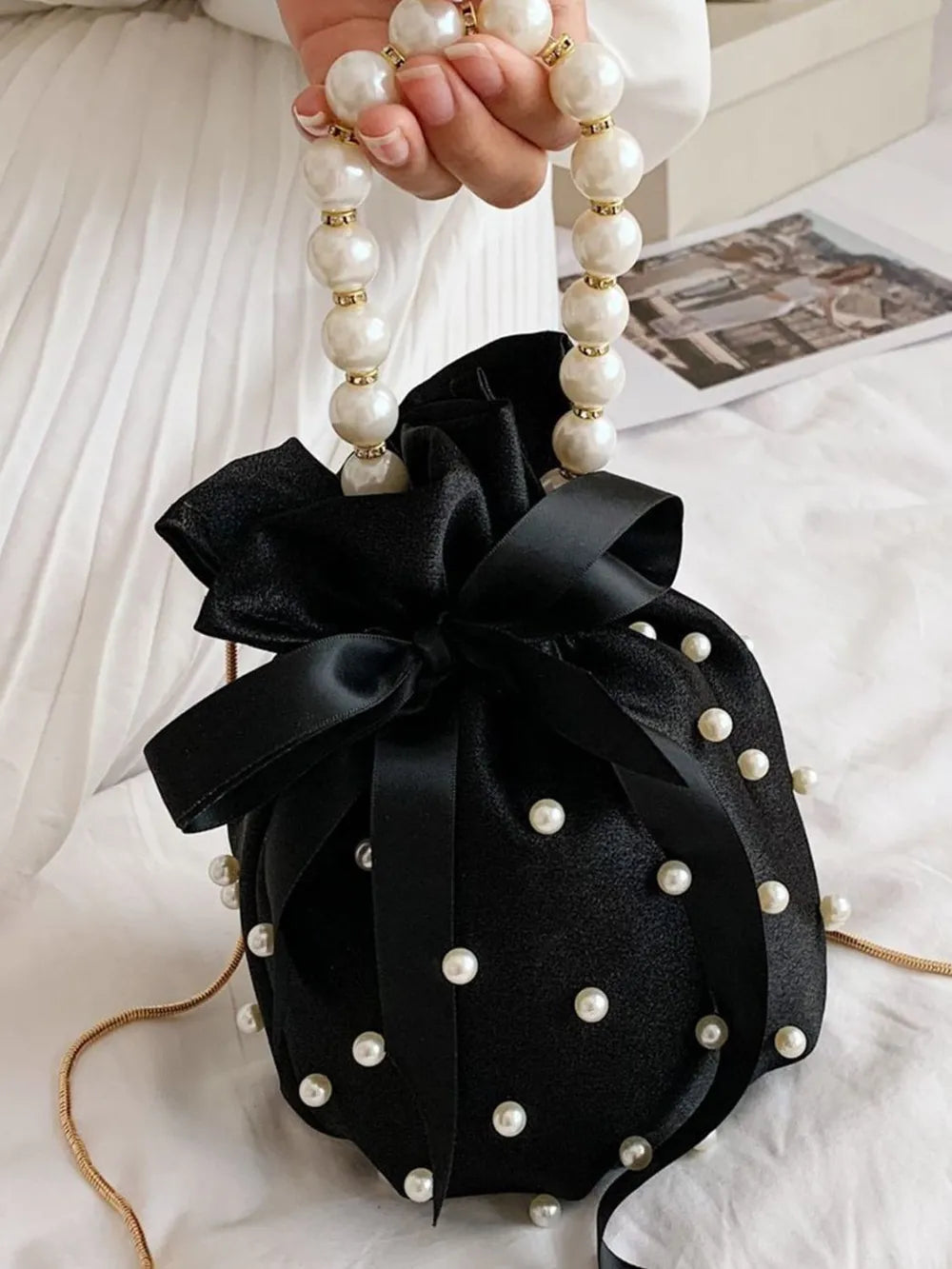 Elegante borsa a secchiello in tinta unita con dettagli in perle | ULZZANG BELLA