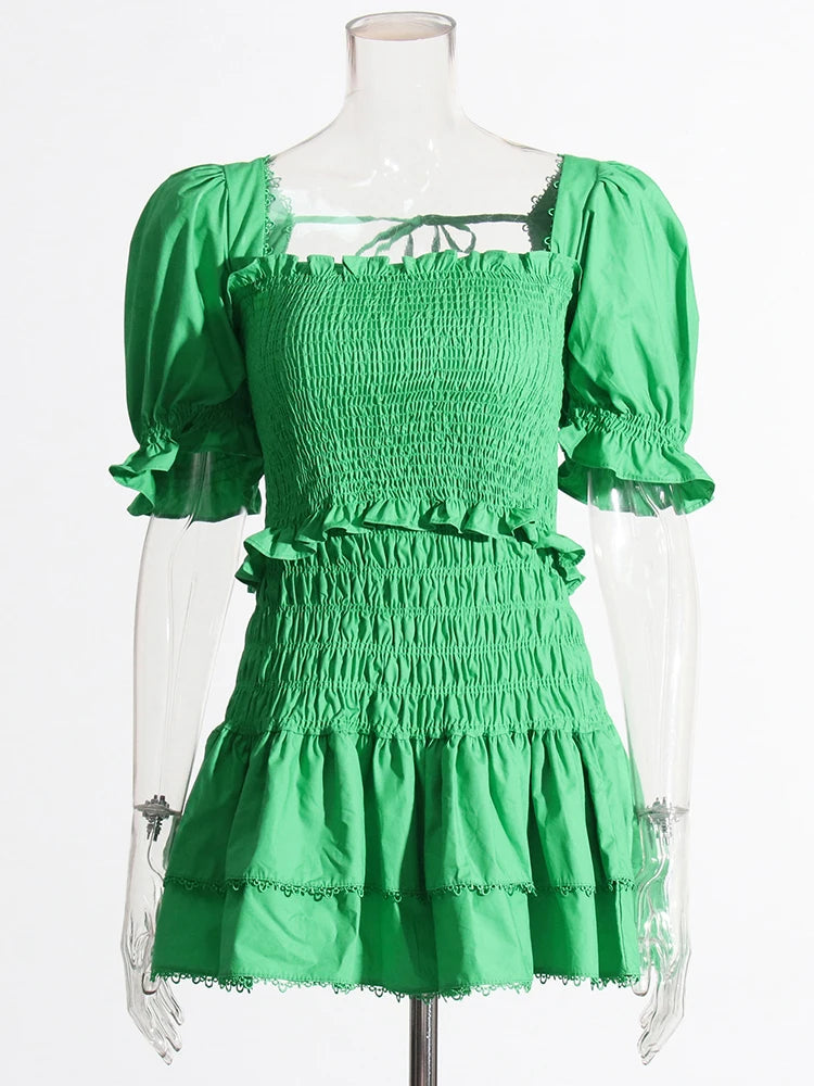 Chic Hit Colour Two Piece Ensemble with Puff Sleeve Tunic and Ruffled Mini Skirt | ULZZANG BELLA