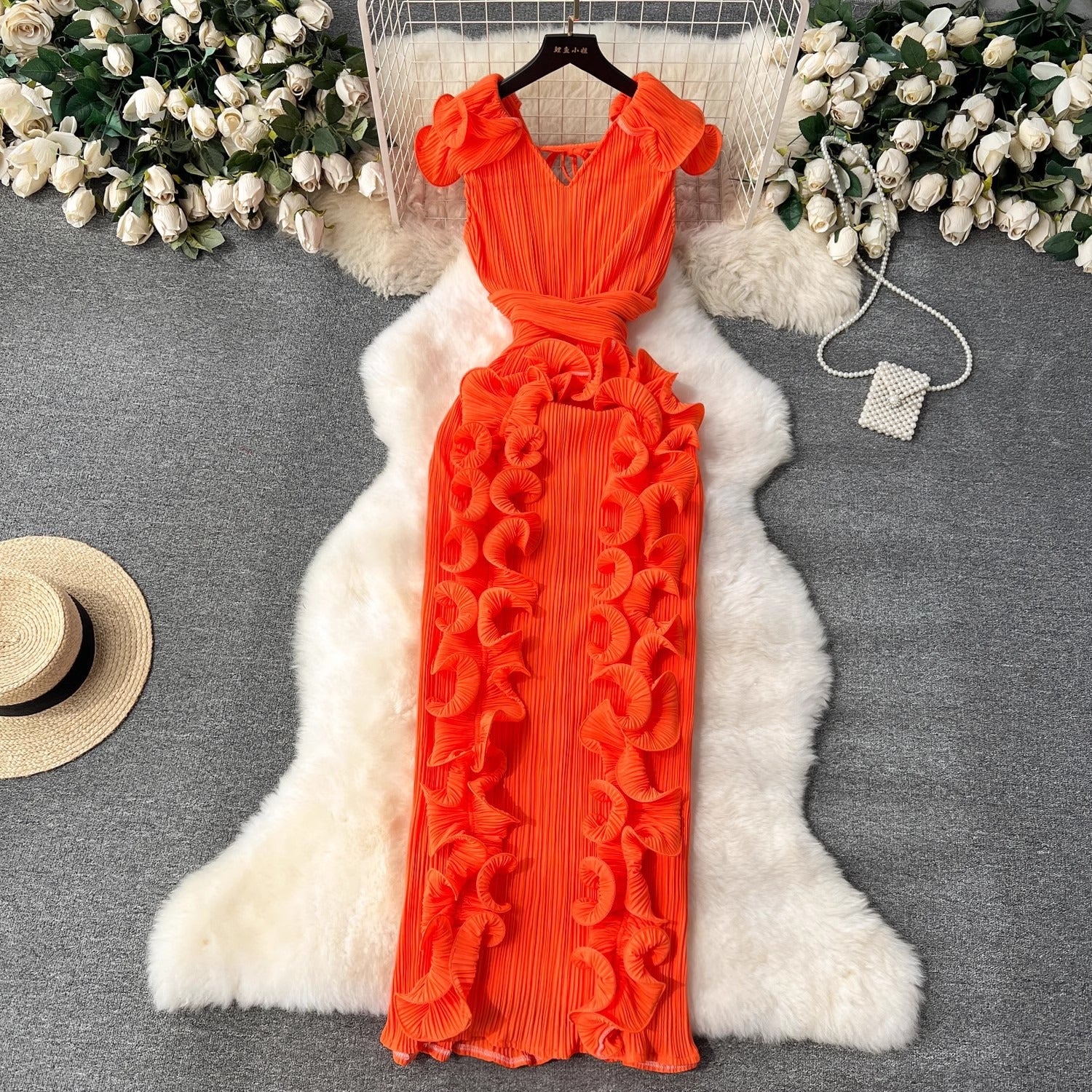Elegant Ruffled Edge Long Dress with Pleated Detail | ULZZANG BELLA