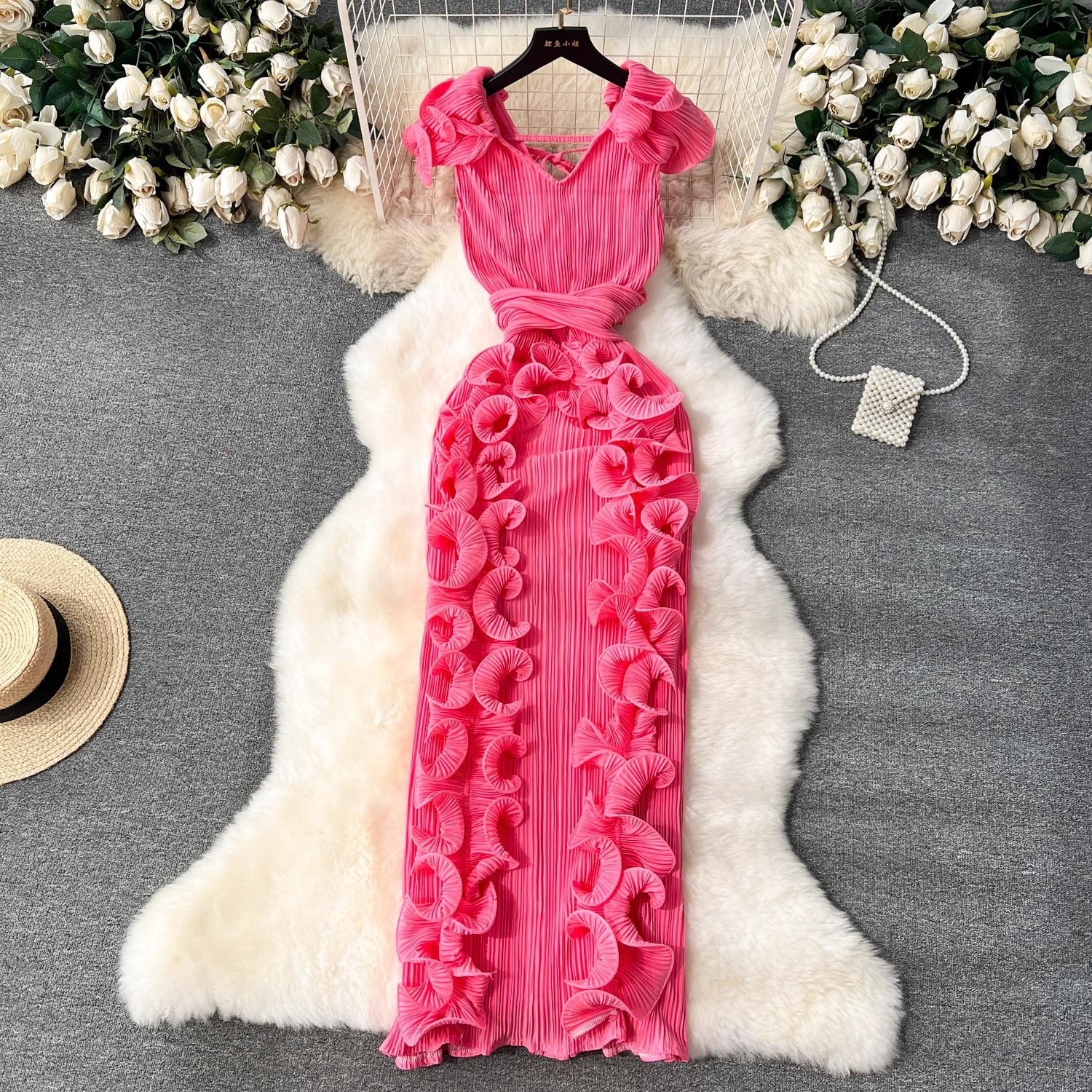 Elegant Ruffled Edge Long Dress with Pleated Detail | ULZZANG BELLA
