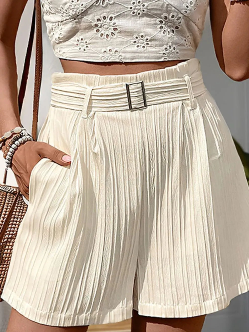 Chic Beige Textured High Waist Shorts with Pockets | ULZZANG BELLA