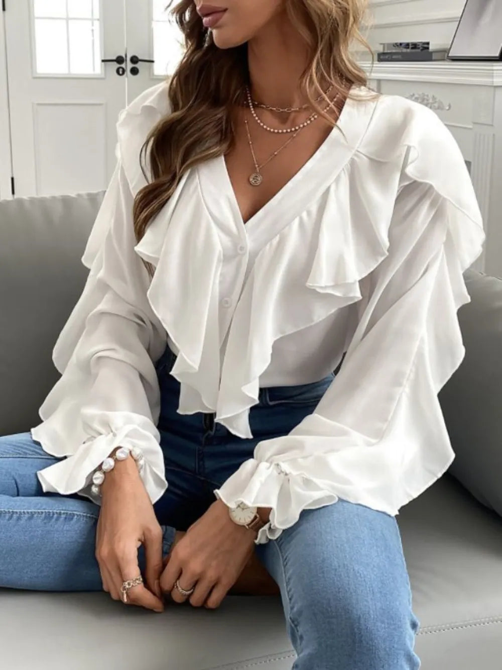 Elegant Ruffled V-Neck Blouse with Flounce Sleeves | ULZZANG BELLA
