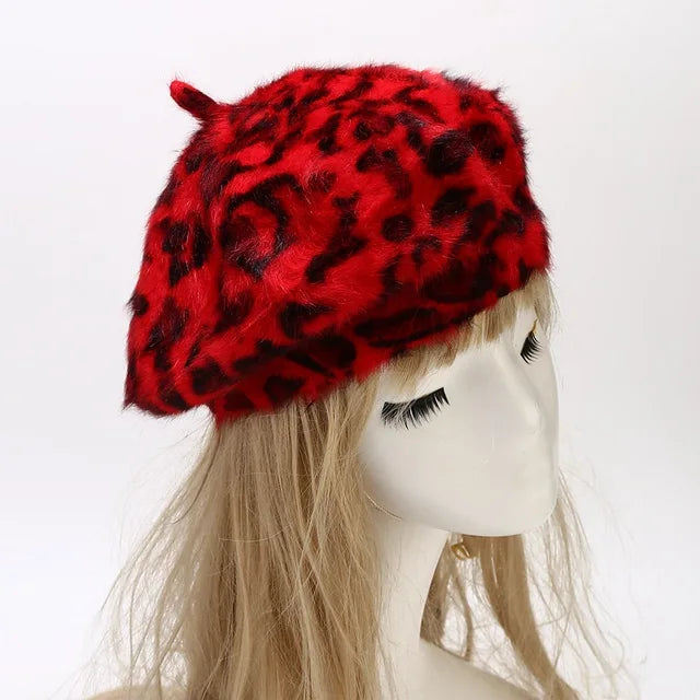 Luxurious Leopard Print Rabbit Fur Buckle Beret Hat for Women | ULZZANG BELLA
