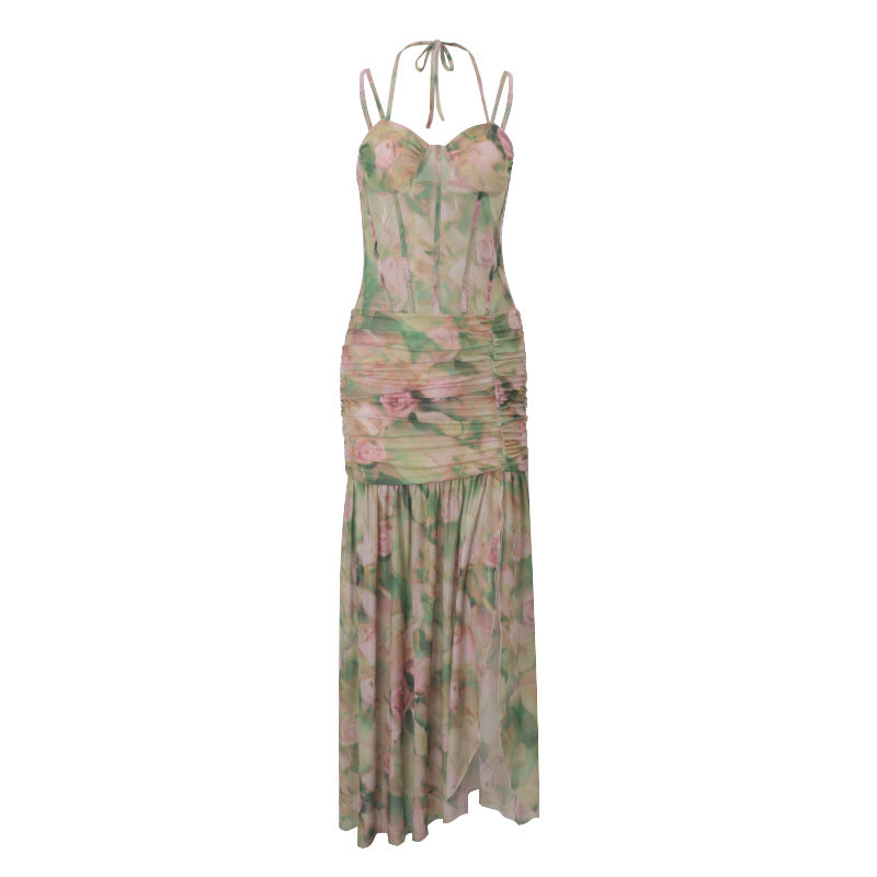 Exquisite Green Lotus Print Strapless High-Waist Dress | ULZZANG BELLA