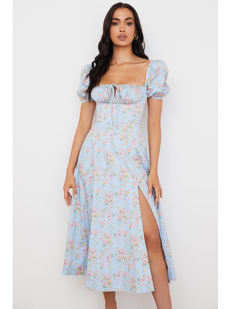 Women's Square Neck Puff Sleeve French Floral Dress Fishbone Large Skirt Holiday Tea Break Skirt