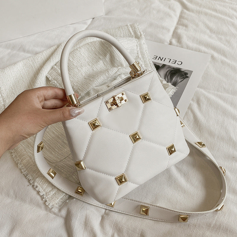 Rivet-Embellished Diagonal Crossbody Bucket Bag | ULZZANG BELLA