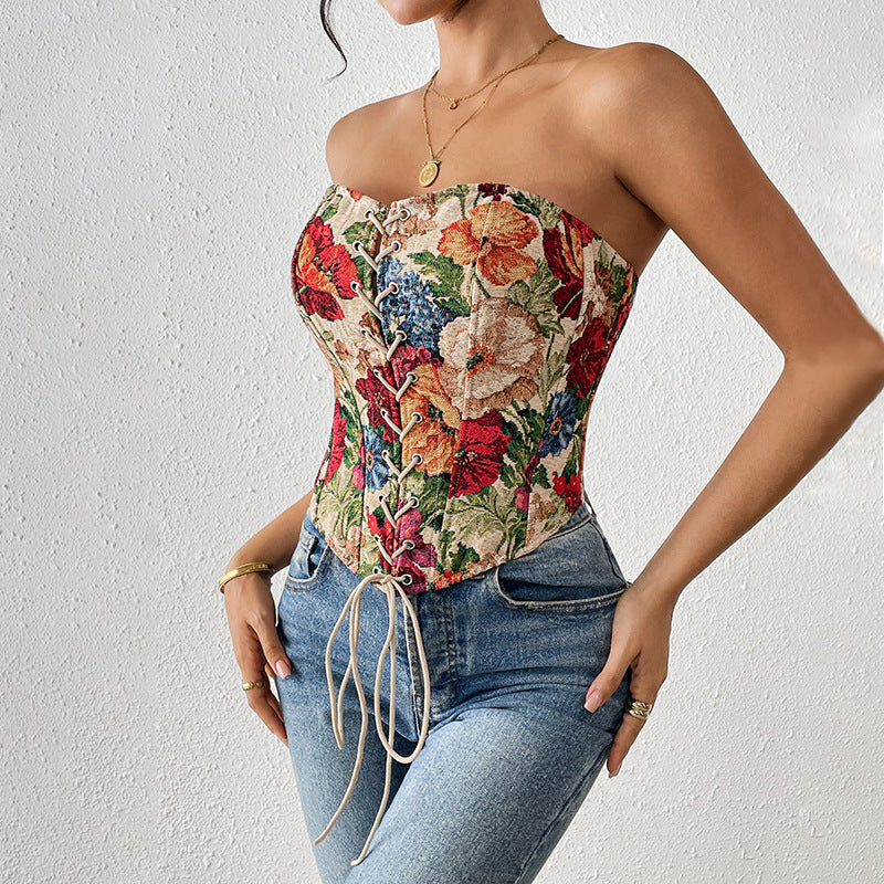 Floral Embrace Strapless Lace-Up Vest | ULZZANG BELLA