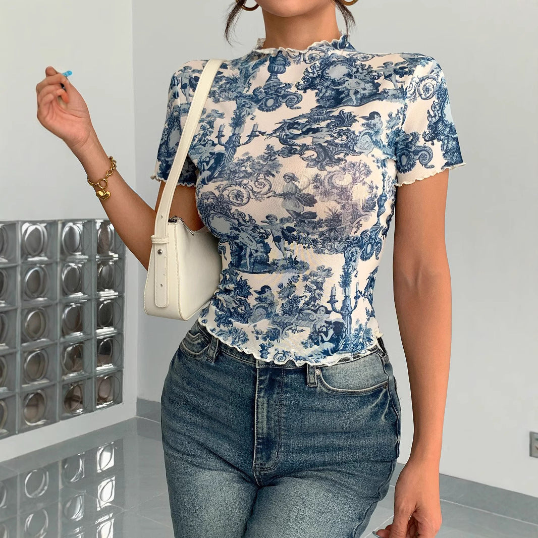 Elegant Mesh Ruffle Trim Short Sleeve Slim Fit Top | ULZZANG BELLA