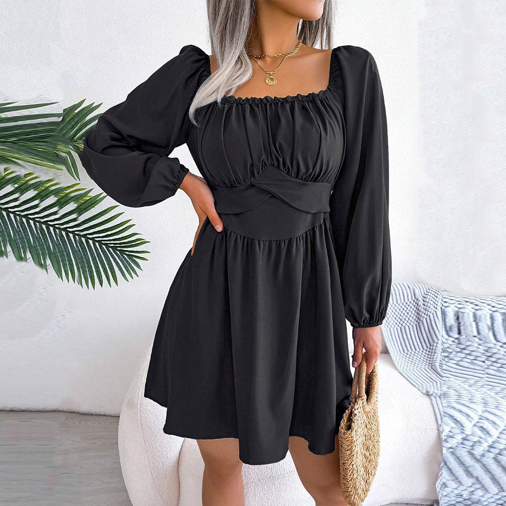 Elegante abito nero con scollo quadrato alla francese, pieghe e cintura in vita | ULZZANG BELLA