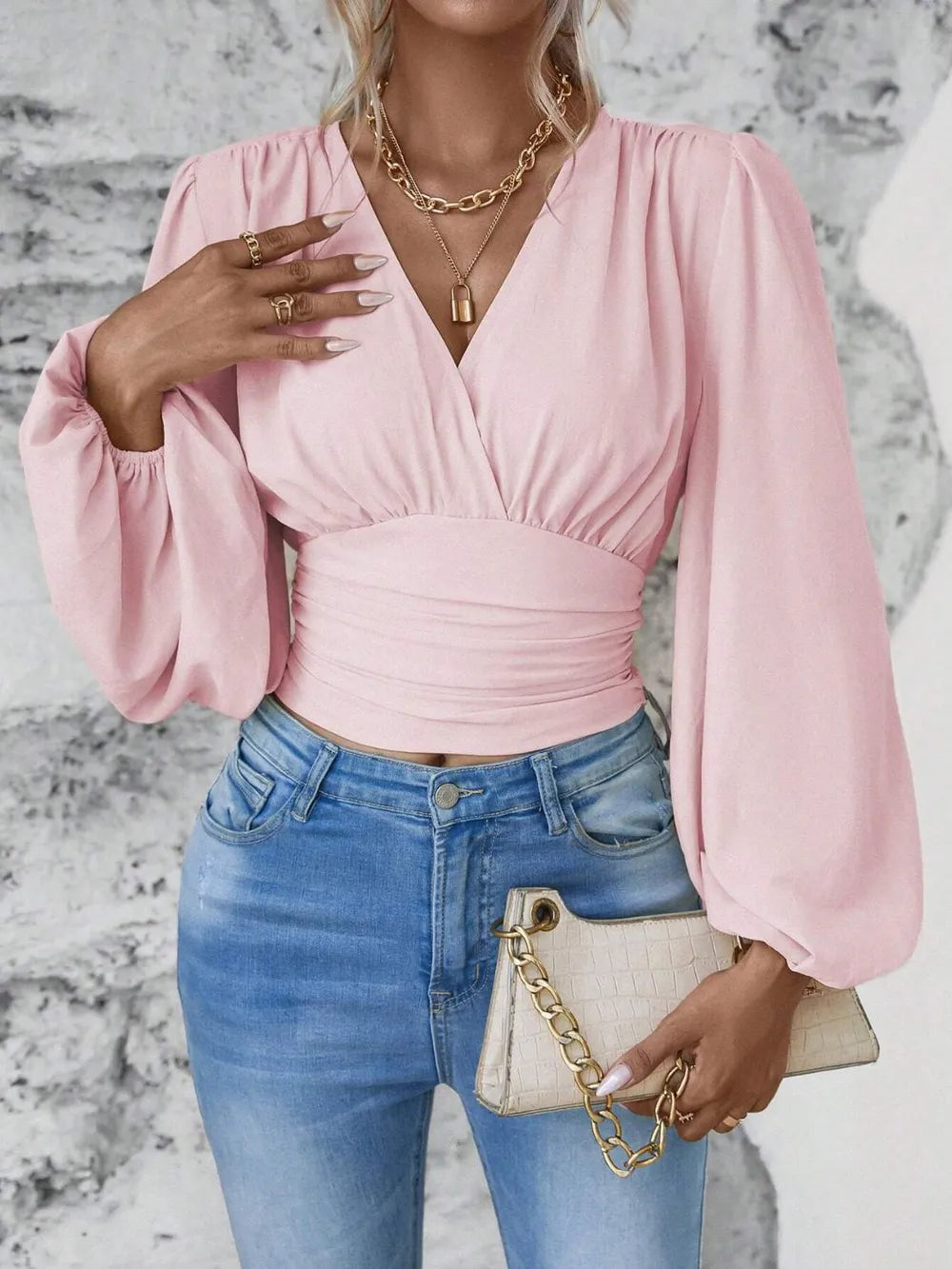 Elegantly Ruched Sheer Smocked Surplice Top with Balloon Sleeves | ULZZANG BELLA