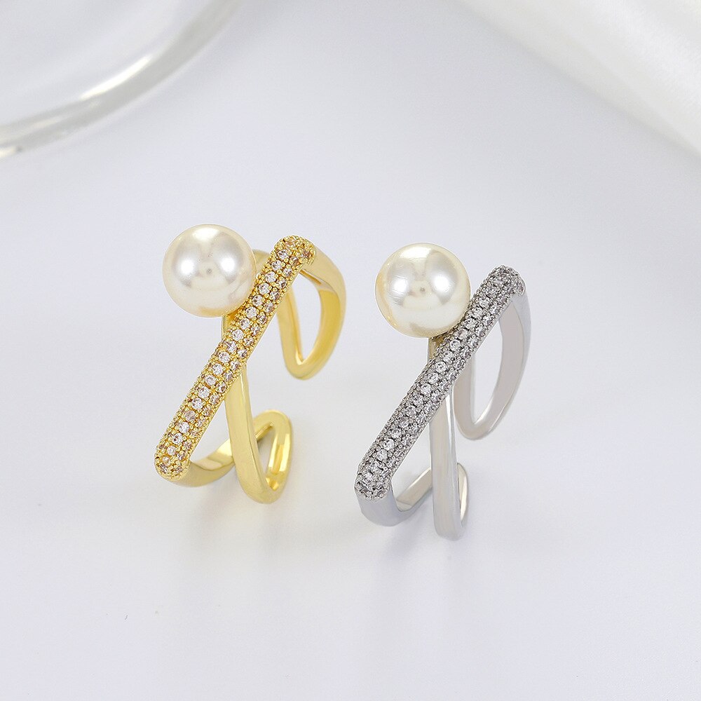 Elegant Baroque Pearl CZ Cross Twist Ring in 18k Gold | ULZZANG BELLA