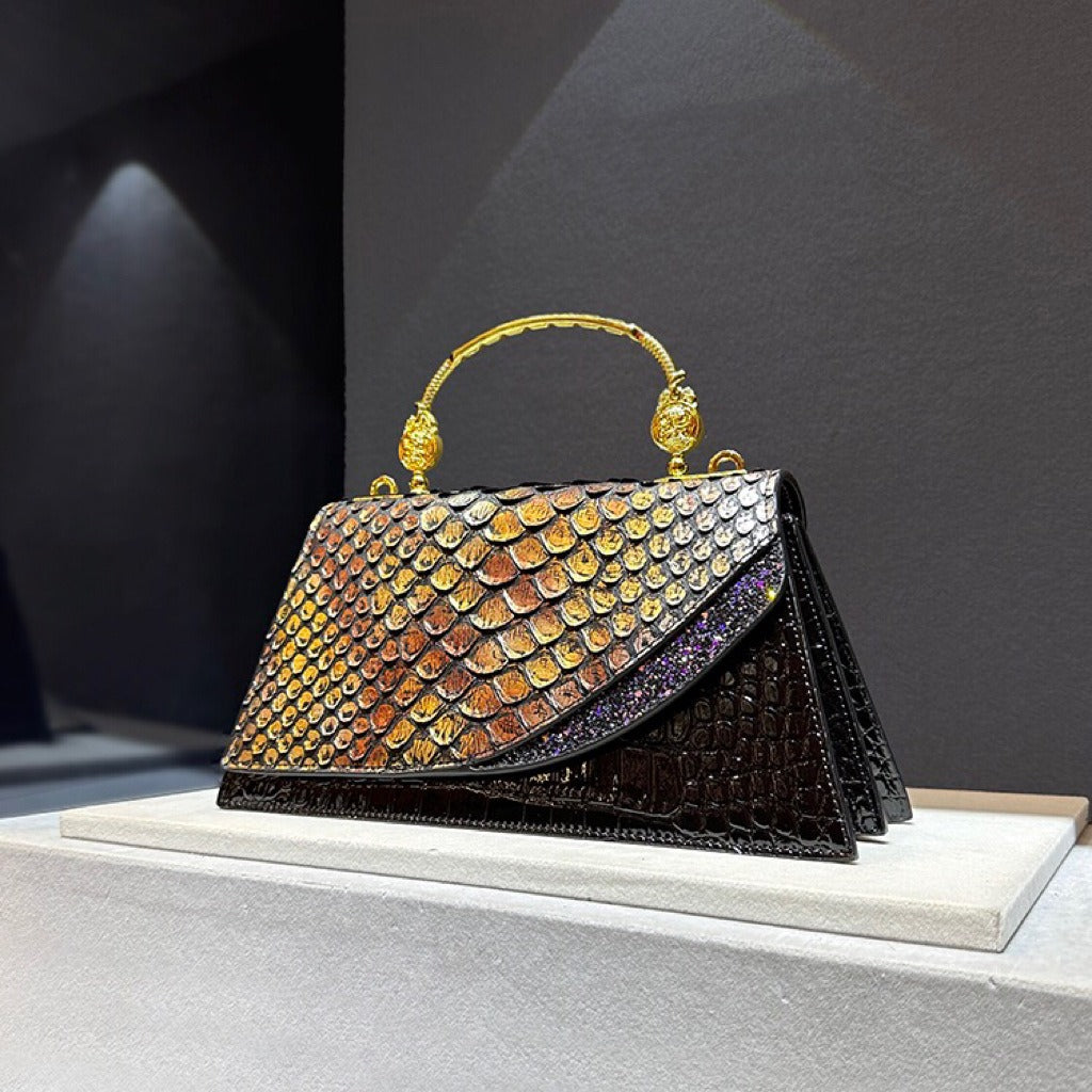 Elegante borsa a tracolla trapezoidale in pelle di serpente nera | ULZZANG BELLA
