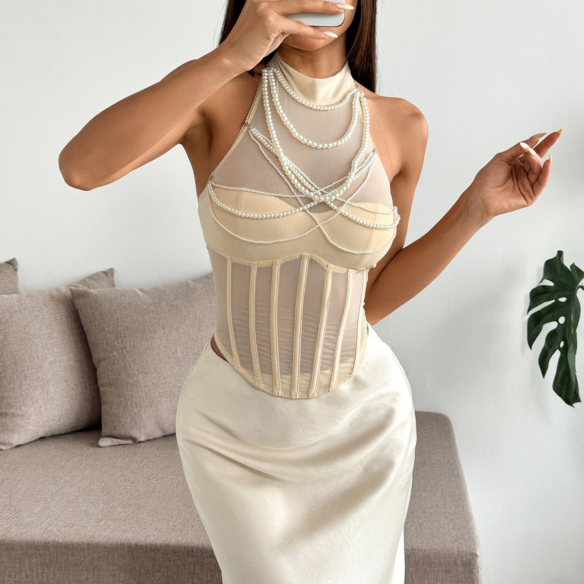 Elegant Pearl Pendant Halter Top in Transparent Mesh | ULZZANG BELLA