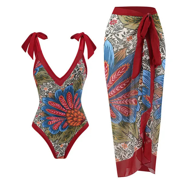Vintage Print Deep V One-Piece Swimsuit with Chiffon Kimono Cover-Up | ULZZANG BELLA