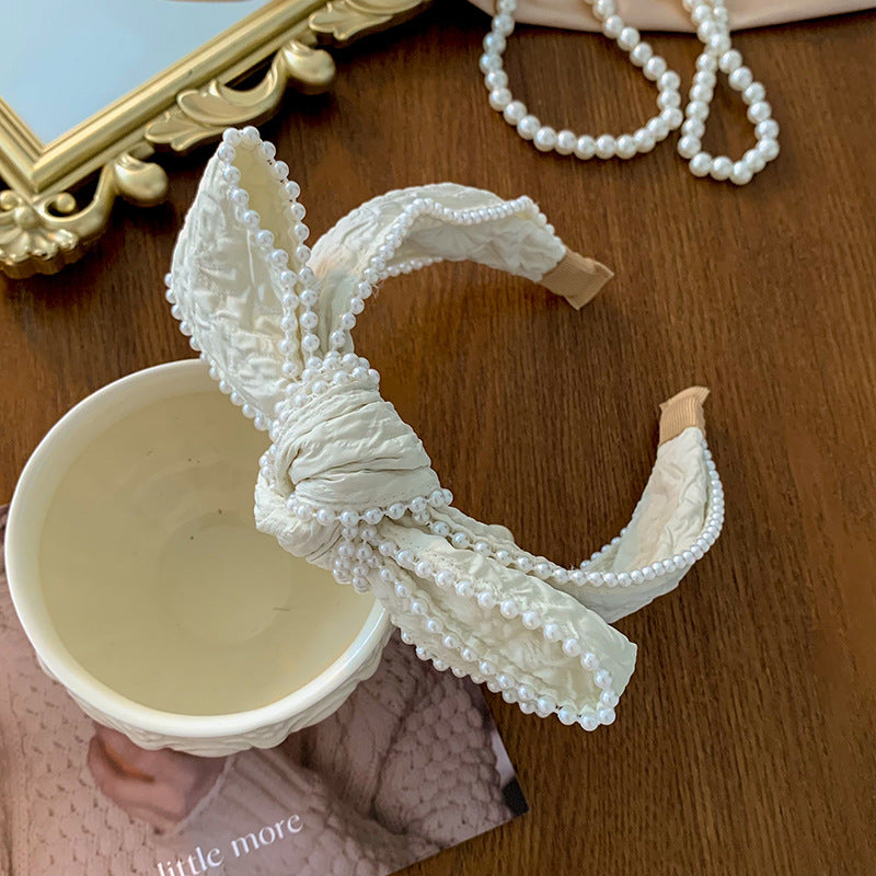 Elegant Pearl Bow Hair Bundle Headband in Milk White | ULZZANG BELLA
