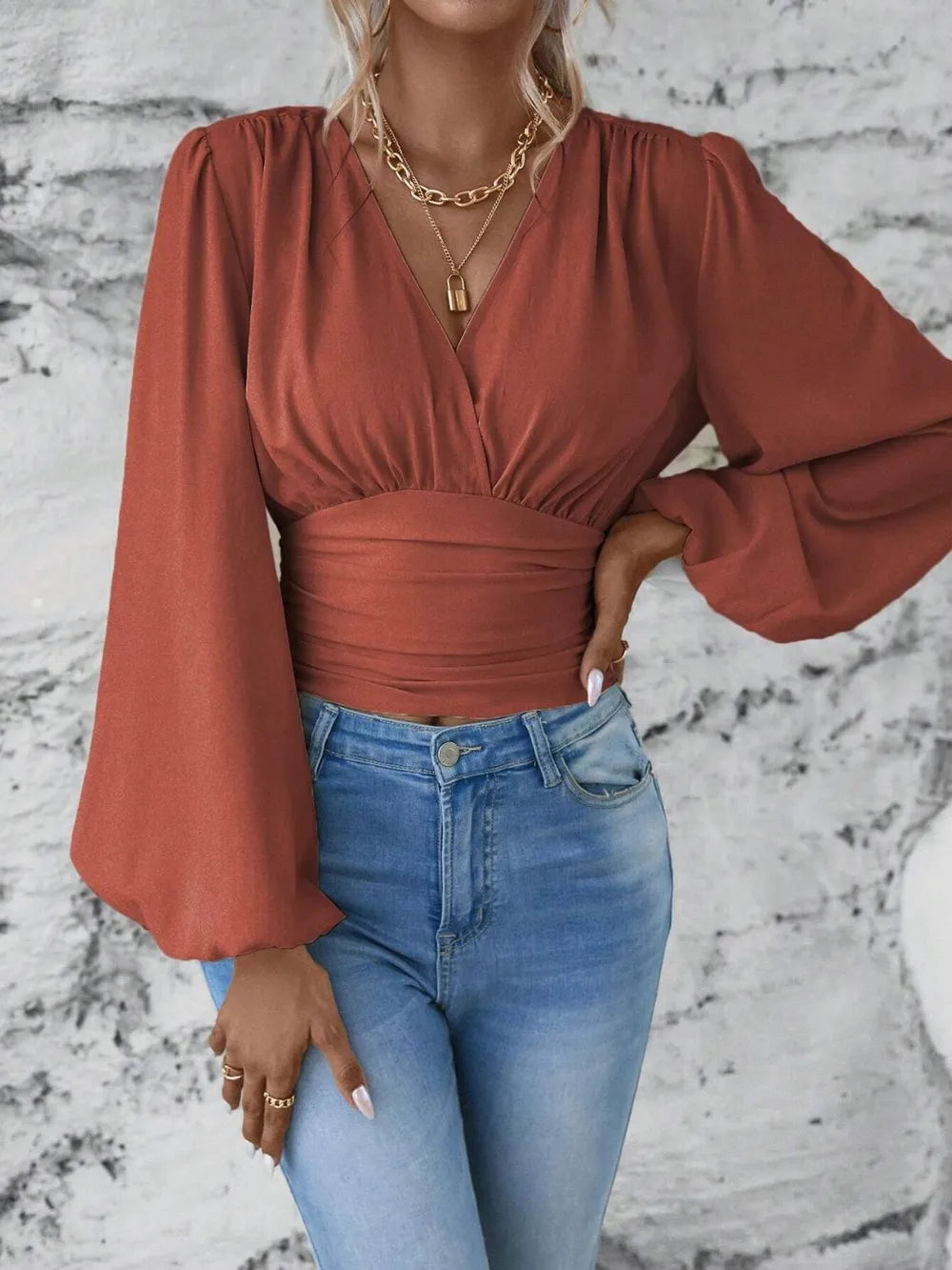 Elegantly Ruched Sheer Smocked Surplice Top with Balloon Sleeves | ULZZANG BELLA