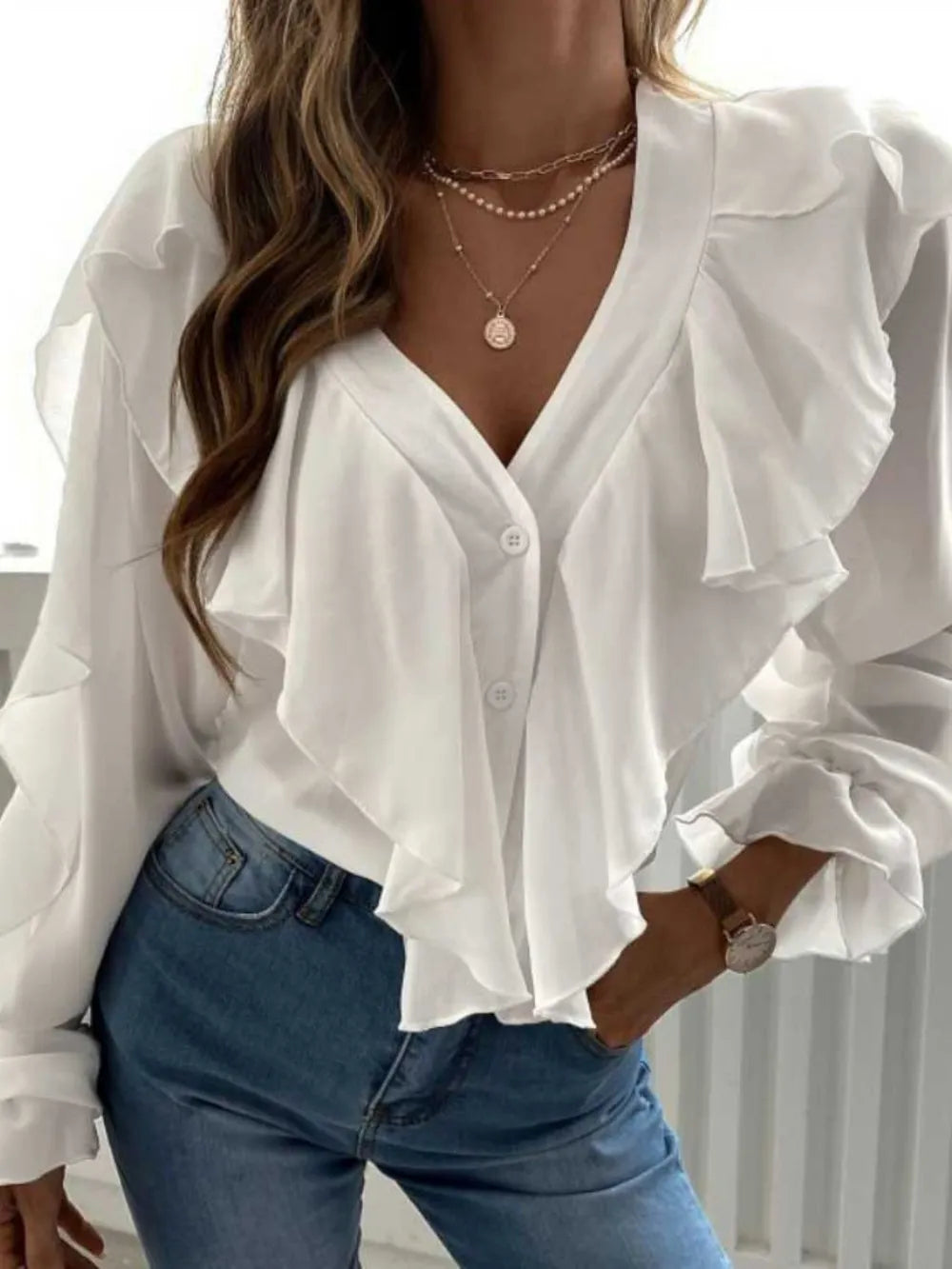 Elegant Ruffled V-Neck Blouse with Flounce Sleeves | ULZZANG BELLA